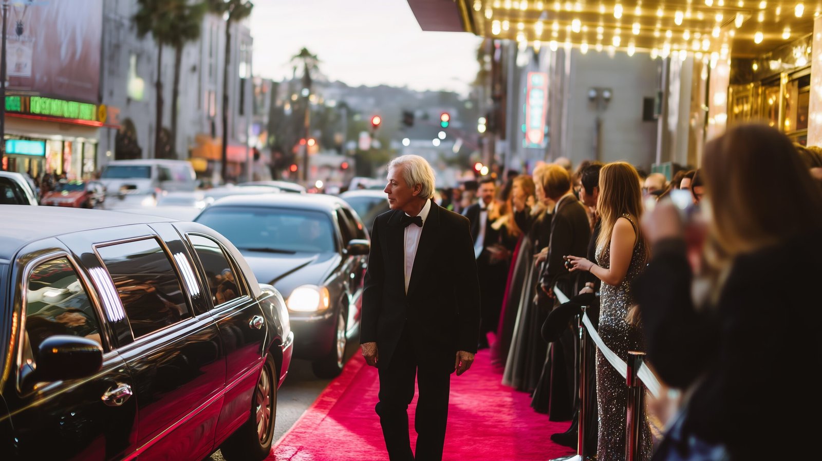 Luxury black sedan arriving at a red carpet event with photographers, providing premium event transportation.